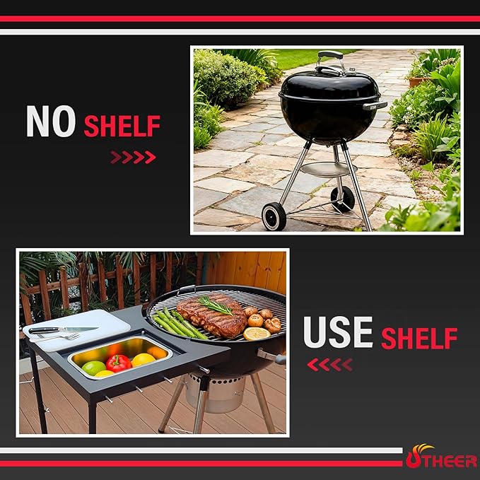 Upgraded Grill Table for Weber Kettle 22"/18"/26", Master Touch 22", Smokey Mountain, Recteq Pellet Grill RT-B380, Prep Station with Cutting Board, Basin, 4 Hooks, Shelf for Weber Kettle Accessories