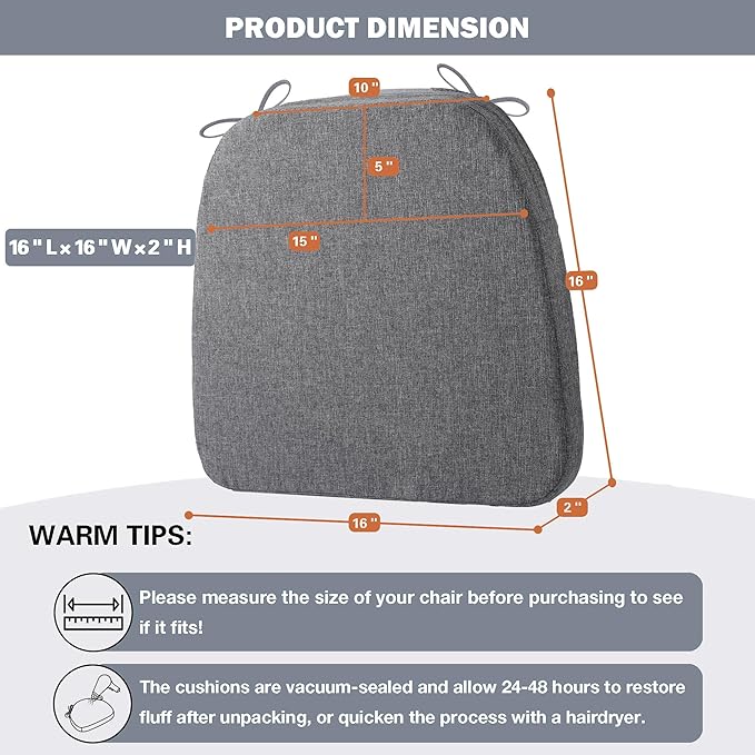 Battilo Chair Cushions for Dining Chairs with Ties, Waterproof Kitchen Chair Pad with Non-Slip Backing, Seat Cushions with Machine Washable Removable Cover, 16"x16"x2", Set of 2, Dark Grey