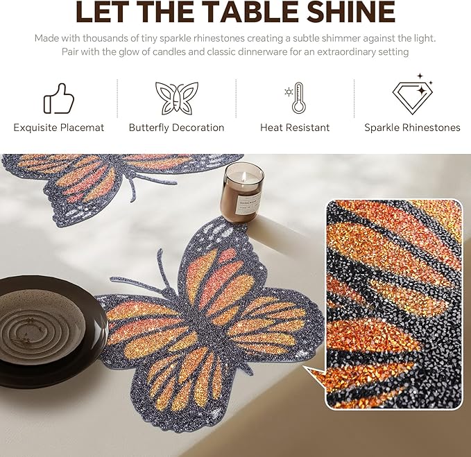 Yellow Butterfly Placemat,Colorful Rhinestones Glitter Butterfly Home Kitchen Coffee Bar Table Decoration Place Mat, Gifts for Friends Women Mom