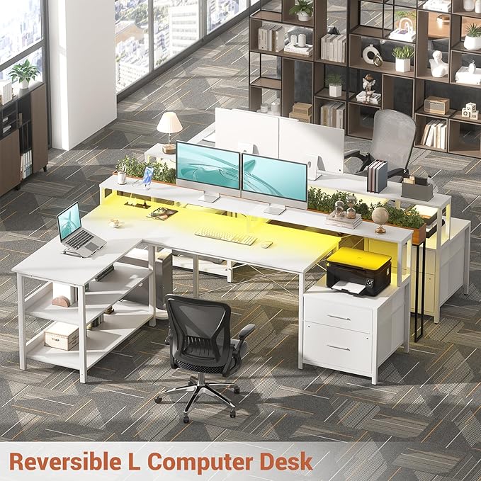 Aheaplus L Shaped Desk with Power Outlet, Reversible L Shaped Computer Desk with File Drawer & Monitor Stand, Gaming Desks with LED Strip, Home Office Desk with Storage Shelf, White