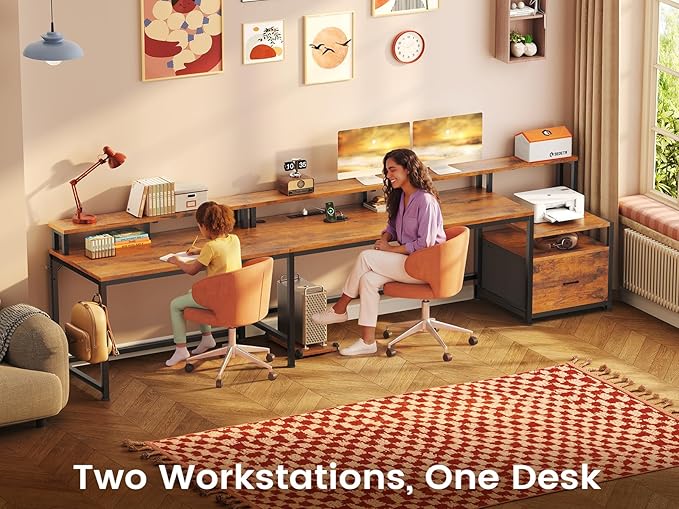 SEDETA 66" L Shaped Desk with Power Outlet, Reversible Home Office Computer Desk with File Drawer & Monitor Shelf, Storage Shelves, LED Lights, Rustic Brown for Corner Small Spaces