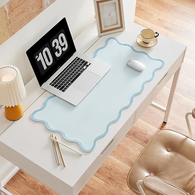 Scalloped Desk Mat, 31.5" x 15.7", PU Leather, Waterproof Anti-Slip, Cute Aesthetic Desk Pad for Office/Home/Game/Vanity (Blue, Large)