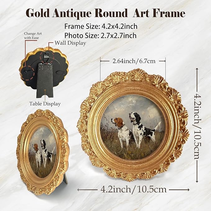 Dog Beagle Round Picture Frame Wall Decor, Rustic Farmhouse Gold Mini Ornate Photo Frame for TableTop Desk 2.7in Photo, Vintage Framed Artwork for Walls Office Bedroom Shelf