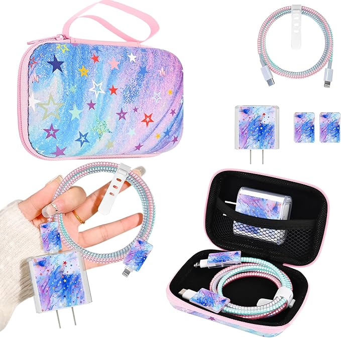 Phone Charger Case Storage Set with Cute Stars Cable Protector with Carrying Cable Case Bag,Cord Organizer, USB Earphone Wire Saver Organizer Charger Protector for iPhone (Colourful Stars)
