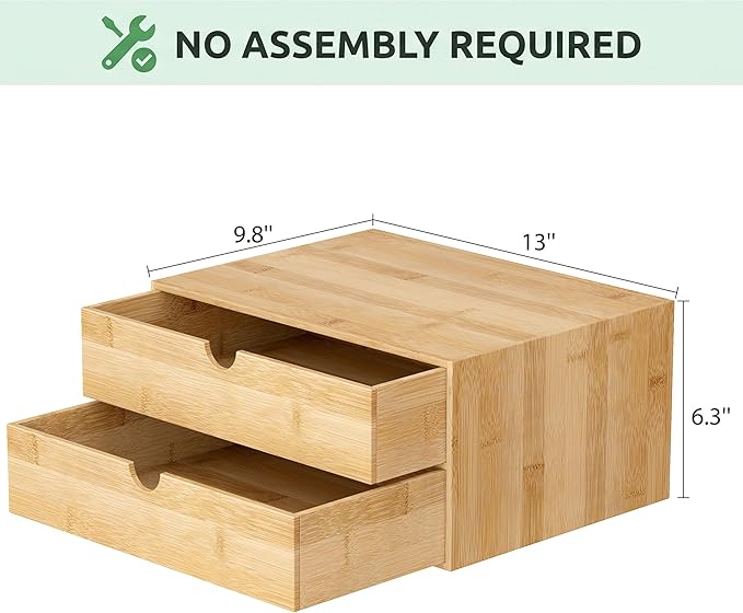 Desk Organizer with Drawers - Bamboo Desktop Organizer Storage | Wood Desk Drawers Organizer for Bills, Office Supplies, Cosmetics, Seals No Assembly Required (2 Drawer)