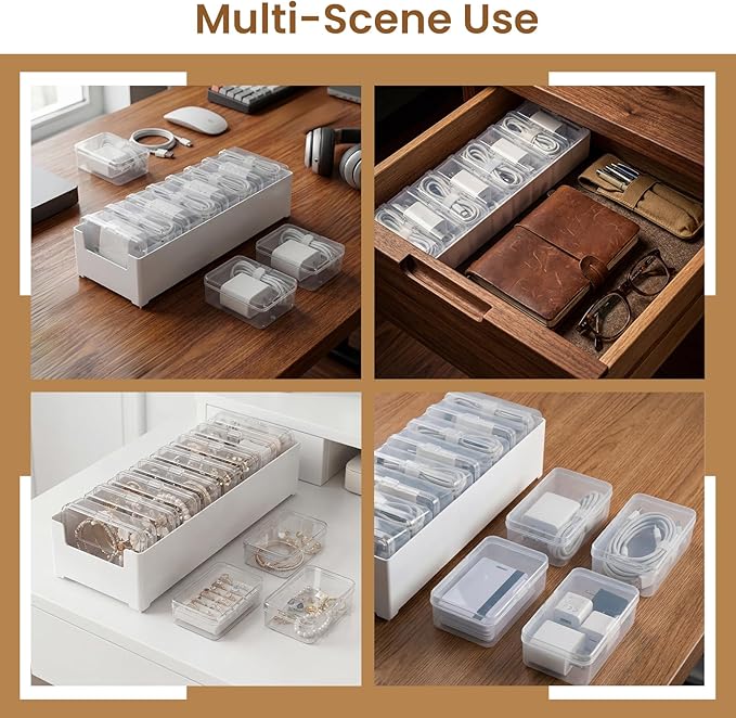 8 Individual Cable Organizer Boxes With Base, Cord Storage Organizer With Labels And Cable Straps For Charging Cables, Adapters, Earphones And Small Electronic Accessories (1 Pack)