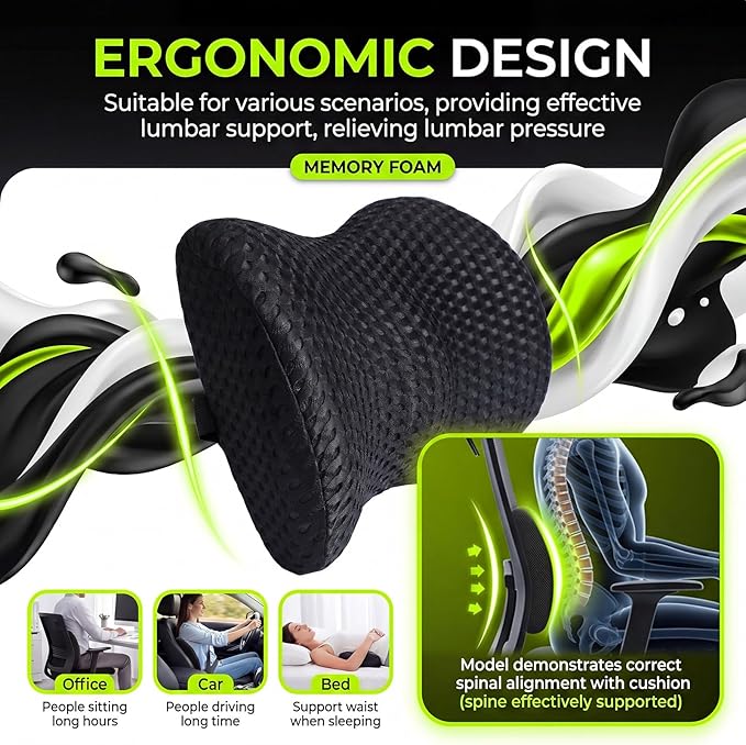 Wenqik 2 Pcs Lumbar Support Pillow Memory Foam Back Cushion Breathable Mesh Removable Washable Cover Ergonomic Design for Car Seat Lower Back Pain Relief Black Support Pillow Sitting Driving Traveling