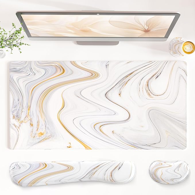 QIYI Leather Desk Mat Set, 4-in-1 Large Mouse Pad with Wrist Rest, Non-Slip Desk Pad + Keyboard Wrist Rest + Mouse Wrist Support + Coaster, Office Desk Accessories Home Decor Supplies, Marble Stripes