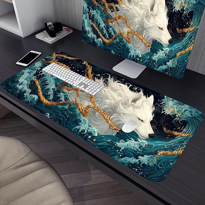 Japanese Mythology Gaming Mouse Pad Anime White Wolf Waves Fantasy Extended Gaming Mouse Pad Mat with Stitched Edge Non-Slip Base Big Size 31.5"x11.8" Office Computer Keyboard Laptop Home