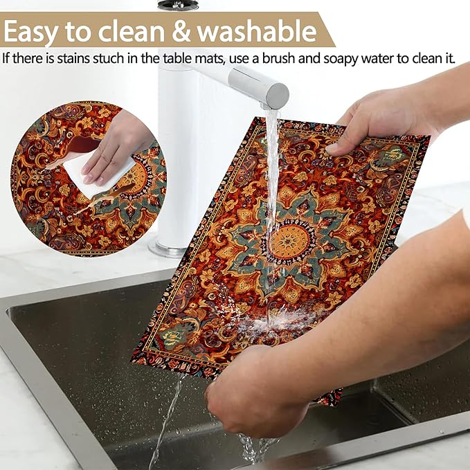 Linen Placemats Set of 6, Fall Boho Carpet Orange Brown Washable Table Mats 12x18 Inch, Heat Resistant Non Slip Placemats for Dining Table Kitchen Everyday Use