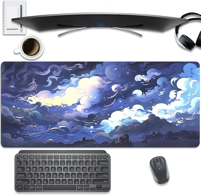 Blue Clouds Mouse Pad,Extended Stars Sky Dark Blue Clouds Mousepad Desk Pad with Stitched Edges,Non-Slip Waterproof Rubber Base Mouse Mat for Office Computer Keyboard Laptop Home 27.5x11.8 in