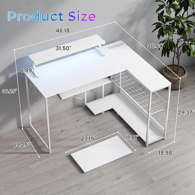 L Shaped Gaming Desk with Power Outlets & RGB Lights, 46'' L- Shaped Desk Computer Corner Desk with Monitor Stand & Storage Shelf & Hook, Home Office Desk Writing Desk, White