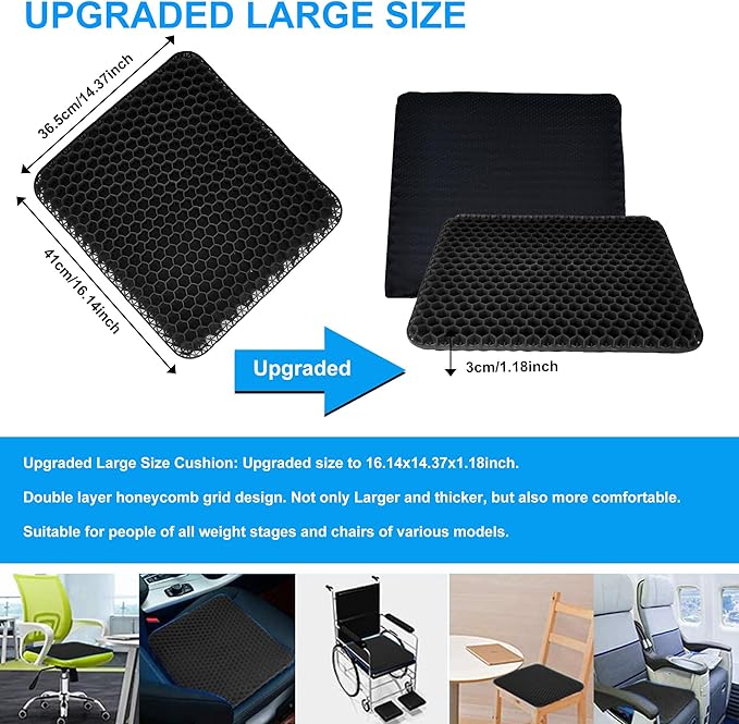 Yimiyaa Gel Seat Cushion, Double Thick Egg Gel Cushion for Pressure Pain Relief, Breathable Wheelchair Cushion Chair Pads for Car Seat Office Chair Black