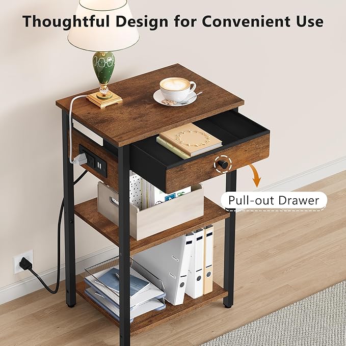 Gewudraw Printer Stand with Charging Station, 3-Tier Under Desk Printer Table, End Table with Storage Shelves for Home Office, Living Room,Bedroom,Bathroom,Brown