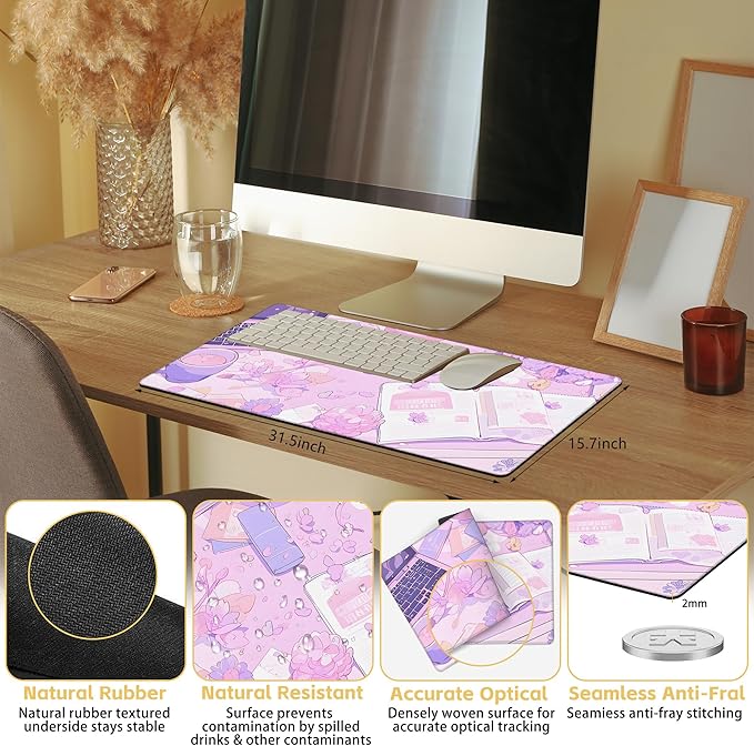 Large Mouse Pad Anime Purple Table Decorate Gaming Mousepad Desk Pad Mat for Keyboard and Mouse, Large Non-Slip Rubber Base Mousepad Desk Mat with Stitched Edges for Gaming Office, 31.5 x 15.8 in