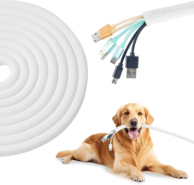 Split Wire Loom 1 Inch 50ft, Braided Cable Sleeve for Cable Management, Cord Protector for Pets, TV, Desk & Automotive，White