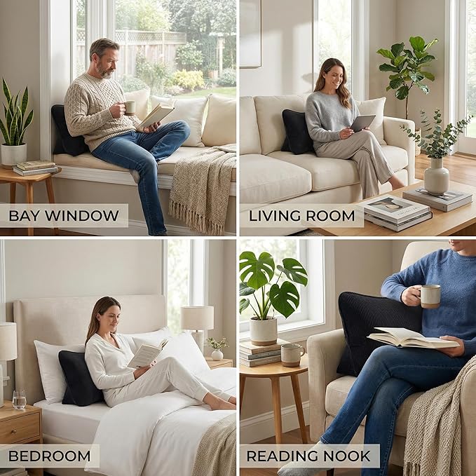 Pat. Pend. Corduroy Lumbar Support Back Pillow for Sitting, Back Cushion for Sofa or Bed Sitting, Gaming, Reading & Watching TV, Ergonomic Triangle Backrest Pillow, Lamp Black