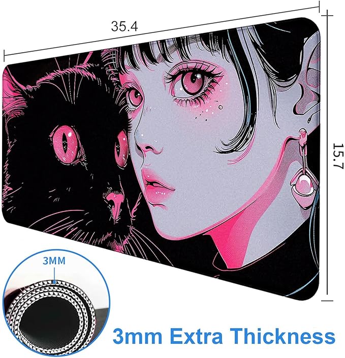Cute Anime Black Cat Mouse Pad, Anime Aesthetic Table Pad XXL, Extended Mouse Pad Gaming Table Pad Laptop Keyboard Pad 35.4X15.7 Inch Anti Slip Rubber Base Stitching Edges ﻿