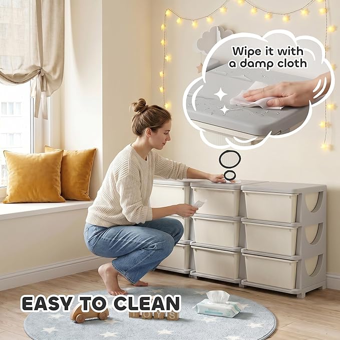 Qaba 3 Tier Kids Storage Unit, Toy Organizers and Storage with 9 Drawer Chest for Kids Bedroom Nursery Kindergarten Living Room for Boys Girls Toddlers, Cream White