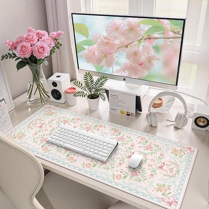 HAOCOO Blue Floral Keyboard Pad, 35.4" x 15.7" Large Mouse Pad for Desk, Non-Slip Waterproof Keyboard Mat, Cute Girly Desktop Mat for Office & Home Decor, Computer Desk Accessories with Stitched Edges
