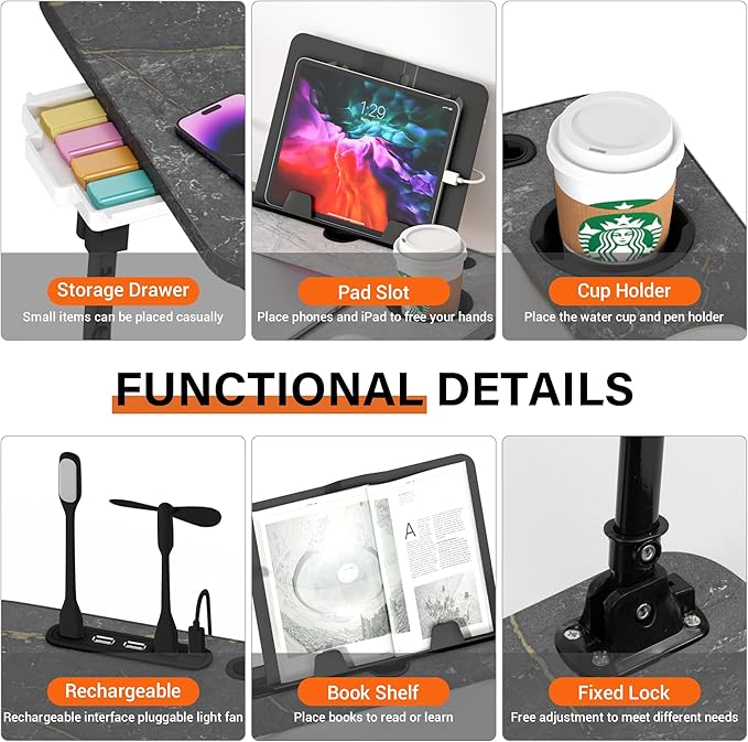 Lap Desk for Bed, Adjustable Laptop Desk with USB Charging Port, Storage Drawer & Bookshelf — Foldable Bed Desk for WFH & Students, 23.6" Desktop Fits 17" Laptop, Non-Slip, Deep Stone Texture