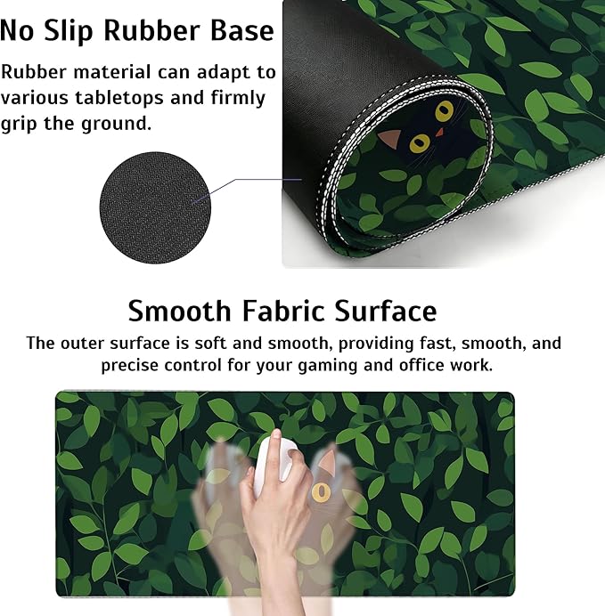 Large Gaming Mouse Pad Black Cat Hide Green Leaves Desk Mat,Non-Slip Rubber Base Stitched Edges,Extended Mousepad for PC,Laptop,Office,Home Decor(31.5 x 11.8 Inch)