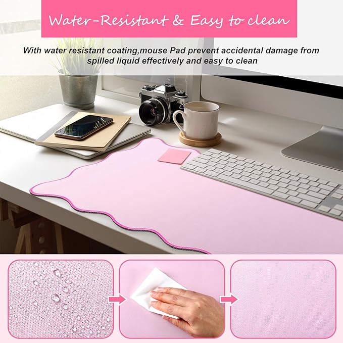 Hahafelt Scalloped Desk Mat Large Desk Pad Cute Coquette Table Mat Aesthetic Preppy Table Make up Pad Nonslip 2026 Graduation Gift with Stitching Waterproof Gaming(Pink,36 x 17 Inches)