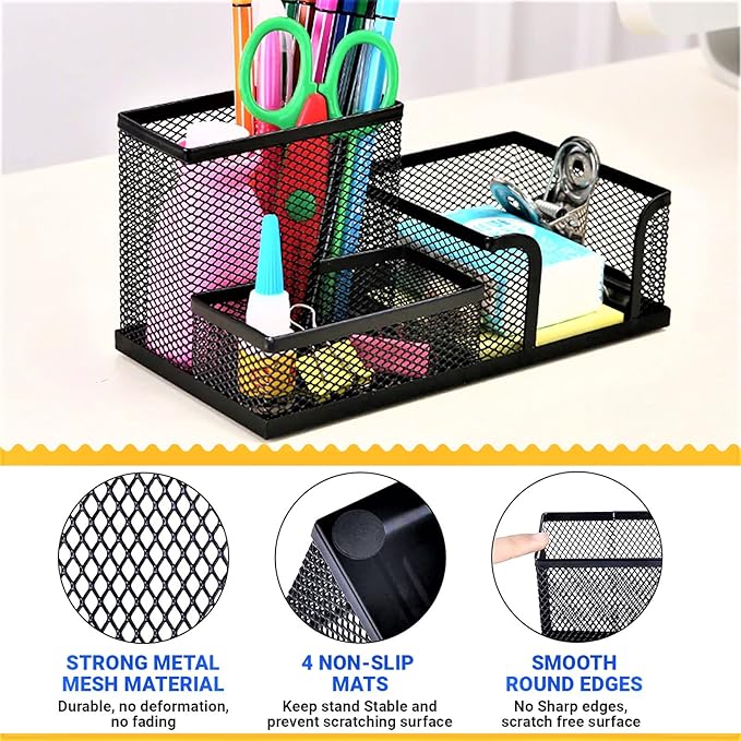 2 Pack 3 in 1 Mesh Pen Holder for Desk, 3 Compartments Pencil Holder Desk Organizer Caddy with Sticky Notes Holder Easy Storage Suitable for Home, Office and School