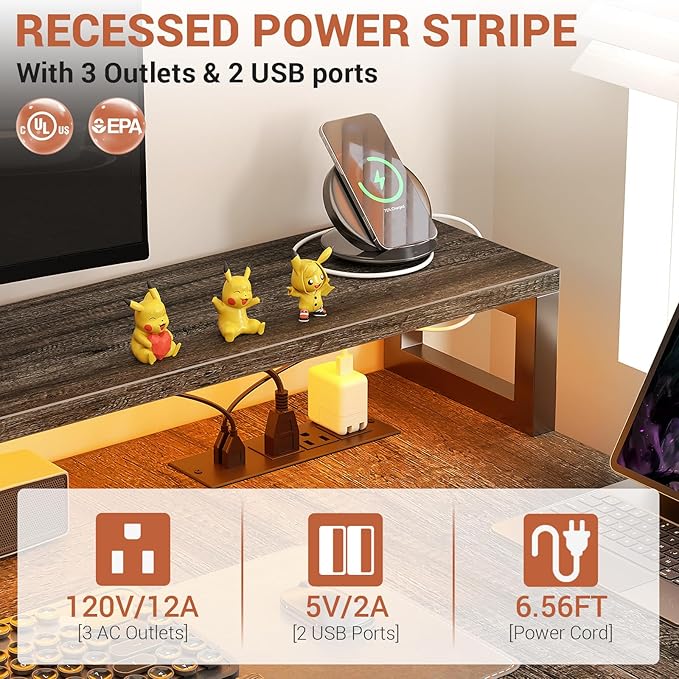 Aheaplus L Shaped Desk with Power Outlet, Reversible L Shaped Computer Desk with File Drawer & Monitor Stand, Gaming Desks with LED Strip, Home Office Desks with Storage Shelf, Grey Oak