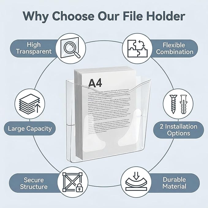 PAG 6-Pocket Clear Wall Mount File Organizer for Office, Vertical Hanging Document Paper Folder Holder for Home, Letter Size Mail Sorter, Transparent Magazine Literature Rack with Mounting Hardware