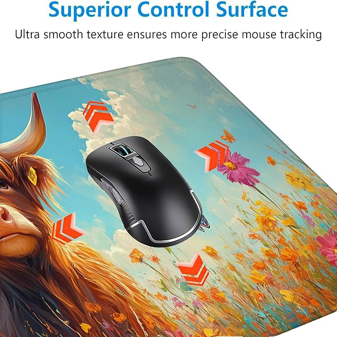 Cute Highland Cow Mouse Pad Colorful Flowers Butterfly Mousepad Extended Large Laptop Keyboard Non-Slip Rubber Base with Stitched Edges for Home Office Computer Keyboard Laptop Home 31.5x11.8 Inch