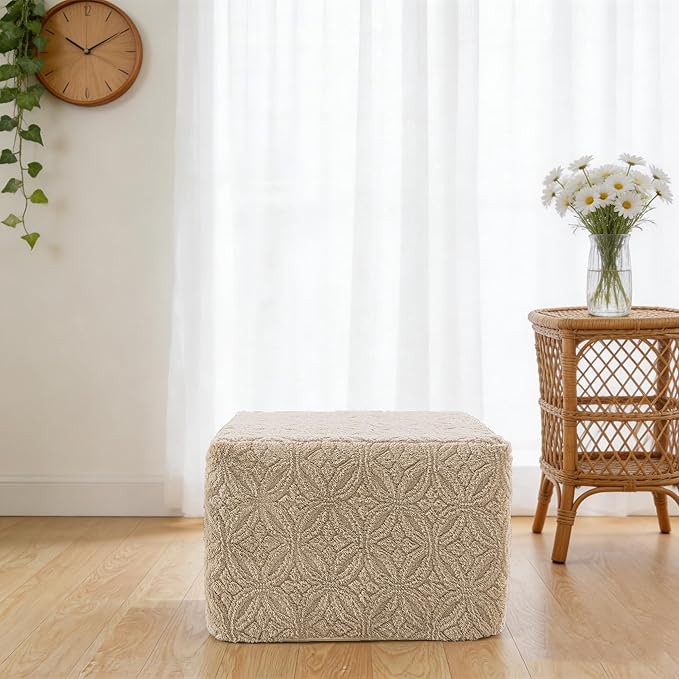 Furry Square Pouf Ottoman – 20"x14" One-Piece Seamless Integral Foam Foot Stool Ottoman Foot Rest Living Room Bedroom Under Desk (Light Coffee)