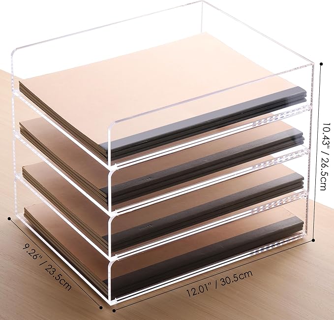 SANRUI 4-Tier Acrylic Stackable Desk Organizer Trays – Clear Vertical Paper Tray for A4/Letter Files, Folders & Office Supplies – Modular Desktop Storage Shelf, Workspace & Home Organization
