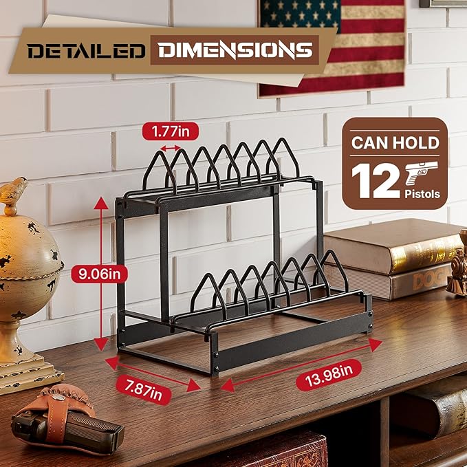 Poyilooo Pistol Rack, 2Tier Portable Pistol Rack for Gun, Hold Up 12 Handguns Pistol Stand for Gun Storage, Pistol Holder for Gun Heavy Duty Steel Gun Rack for Shot Exhibitior Retail Shop Home Office