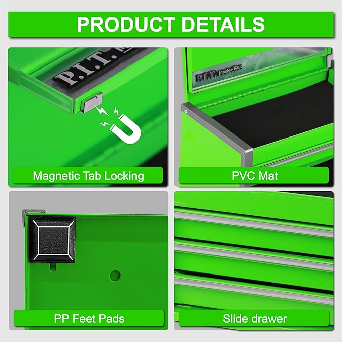 P.I.T. Mini Tool Box 8.6"W X 4.6"D, Portable 3 Drawer Steel Stackable Green Tool Box with Magnetic Tab Locking, Green Micro Top Chest with Liner for Tools Storage and Organizers, Home DIY