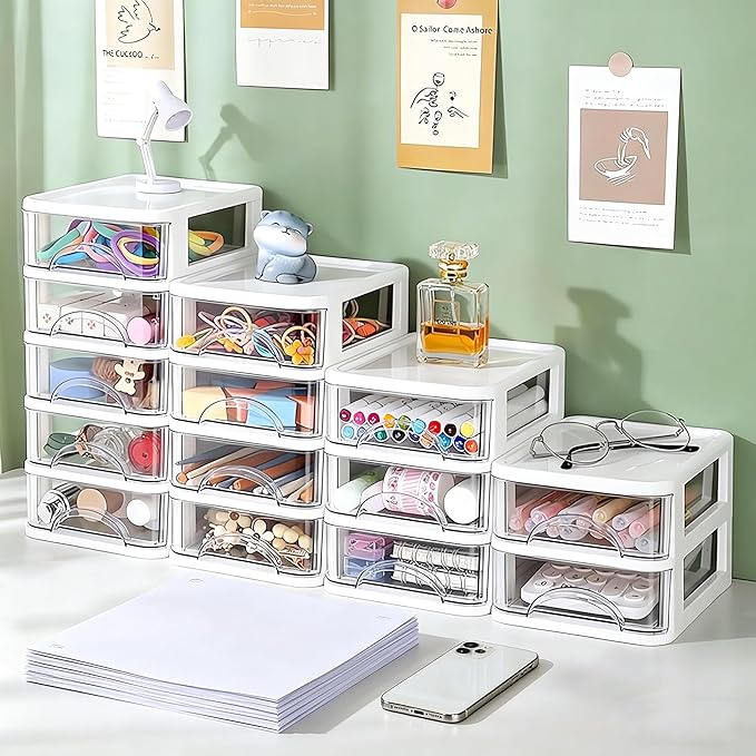 Plastic Desktop Drawer Organizer, Small Clear 5-Tier Storage Drawers, Mini Desk Organizer for Office Stationery Makeup Vanity Supplies