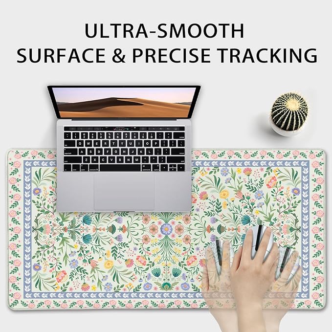 Green Floral Desk Mat, 31.5"x15.7" Large Mouse Pad, Anti-Slip Rubber Base Keyboard Pad with Stitched Edges, Water-Resistant Smooth Desk Blotter, Computer Mat for Home Office Desk