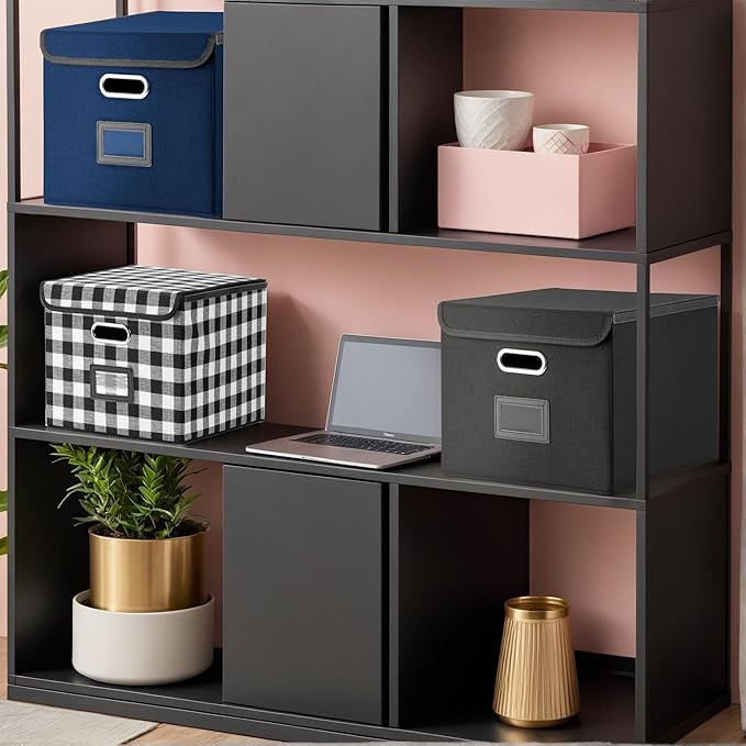 Hleelomi Collapsible File Box with Lid & Plastic Slide - Hanging Document Organizer for Office/Home, 14.96x12.6x10.83 Inch,Decorative Home File Bin,Blue, 1 Pack (No Folders Included)