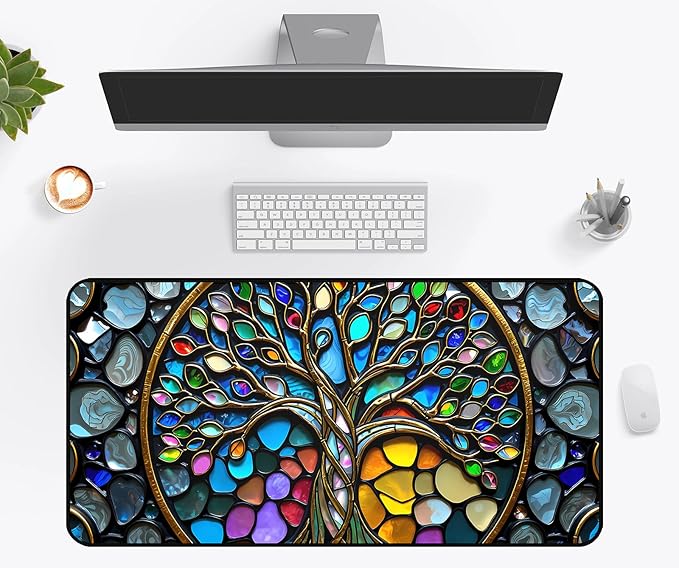Faux Stained Glass Desk Mat, Tree of Life Desk Pad Mouse pad XXL, Game Pad Large Office Desk Keyboard Mats,with Stitched Edges Non-Slip Base Mousepad, Aesthetic Full Desktop Decor 31.5"X15.7"