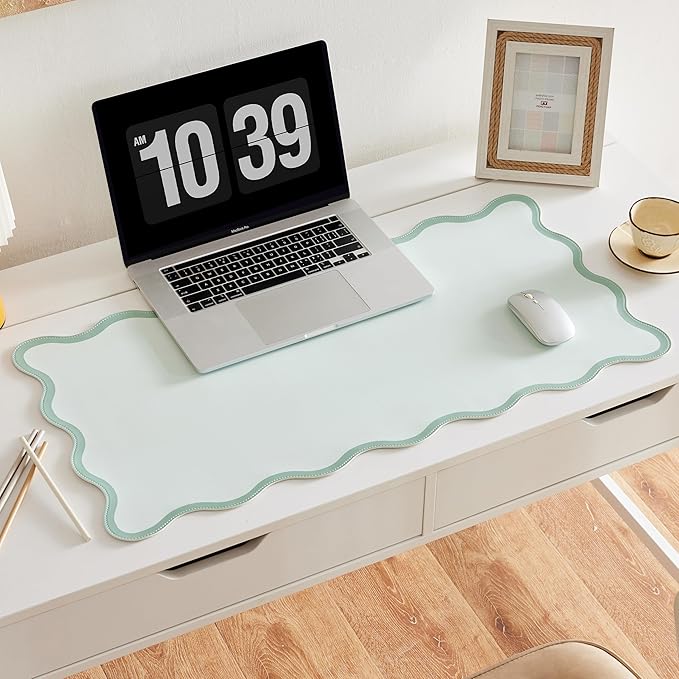 Sage Green Scalloped Desk Mat, 31.5" x 15.7", PU Leather, Waterproof Anti-Slip, Cute Aesthetic Desk Pad for Office/Home/Game/Vanity Large