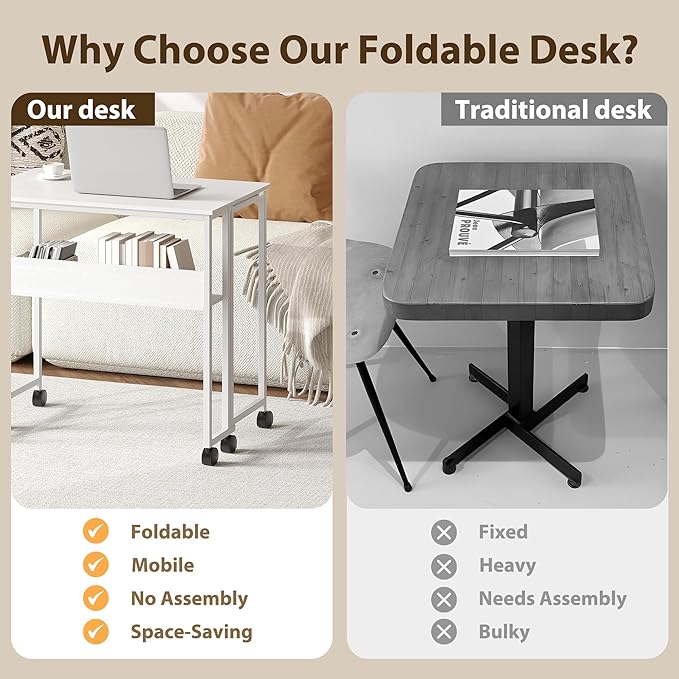 Folding Desk Small Rolling Desk with Storage Shelf,24.8 Inch Foldable Computer Table with Wheels,Portable Office Desk for Small Space Sofa Table,Easy to Fold,Writing Work Office Computer Desk,White
