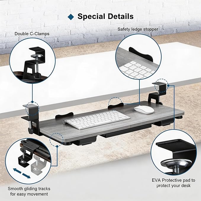 Keyboard Tray Under Desk with Drawer,26.77" X 11.81" Keyboard Tray Large Size with C Clamp-on Mount, Easy to Install, Save Space for Office Desk (Grey)