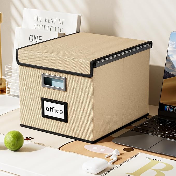 File Organizer Box with Lid, Collapsible File Folder Organizer for Office Document Storage, Filing Box with Plastic Slide for Letter Size Hanging File Folders(1 Pack, Brown)