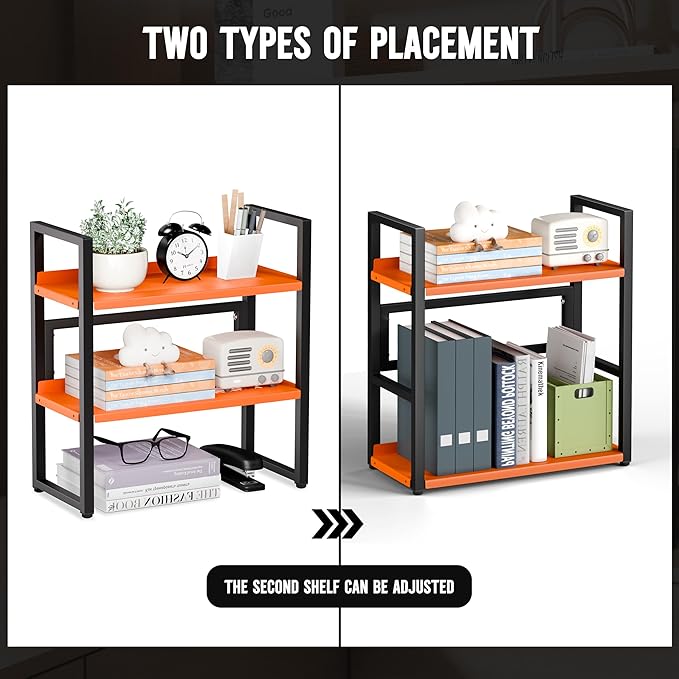 Brakki Desk Shelf Organizer, Adjustable 2 Tier Metal Desktop Shelves, Desktop Bookshelf Organization with Foot Mat, Multi-Functional Small Storage Rack for Office Dorm Home, Black and Orange