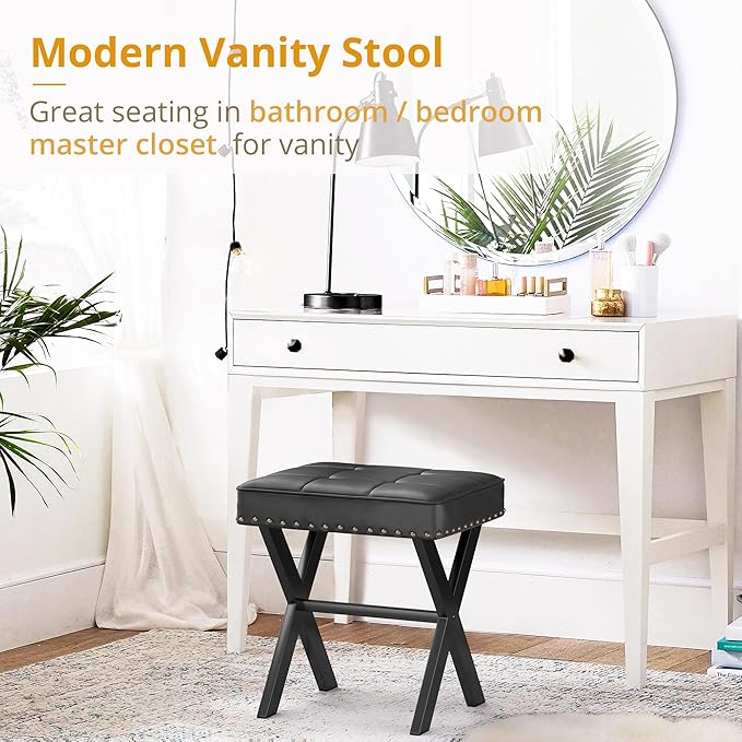 LUE BONA Vanity Stool - Square Faux Leather Makeup Seat With Metal X Legs, Small Ottoman Chair for Makeup Room, Living Room - Modern Padded Foot Rest, Black