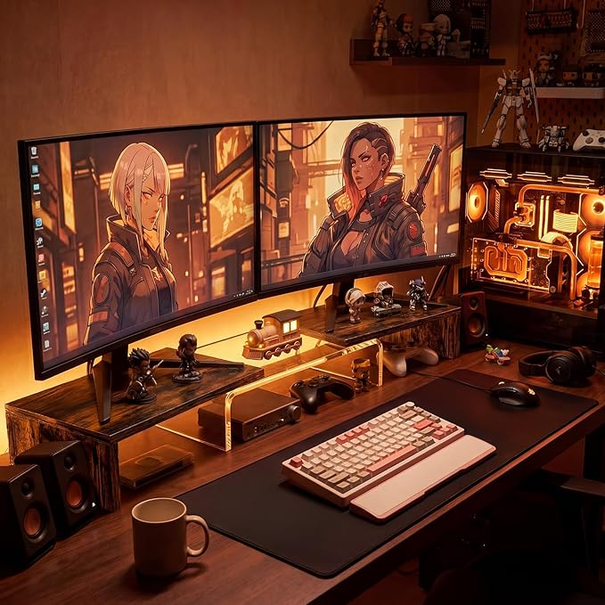 Dual Monitor Riser, Acrylic Monitor Riser with Keyboard Storage, Adjustable Angle & Length Computer Monitor Stand, Wide Desk Shelf for Top of Desk for Home Office_Wood Look