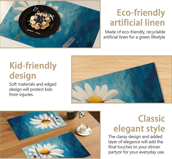 Vintage Daisy Flower Placemats Set of 6 Linen Table Mats, 12x18 Inch Washable Placemats for Dining Table, Non Slip Heat Resistant Mats for Kitchen Home Decor
