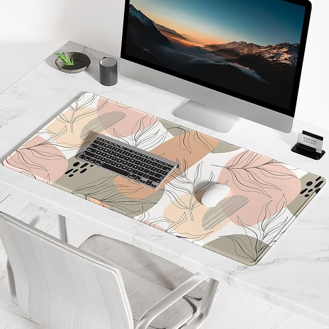 BOSOBO Large Mouse Pad, Desk Pad, XXL XL Extended Gaming Mouse Pad, Desk Mat for Office & Home, Long and Huge Keyboard Mat, Desktop Full Cover 35.5 x 15.7 Inches, Modern Boho Leaves