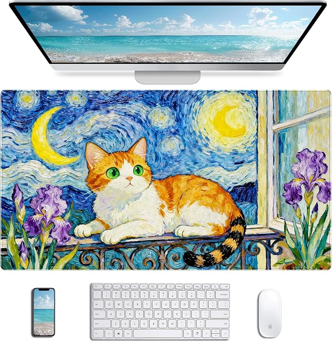 Cute Anime Cat Desk Pad Cartoon Watercolor Cat Mouse Pad XXL Large Game Mouse Pad Women's Office Decoration Laptop Keyboard Pad Computer Pad 35.4X15.7 Inches