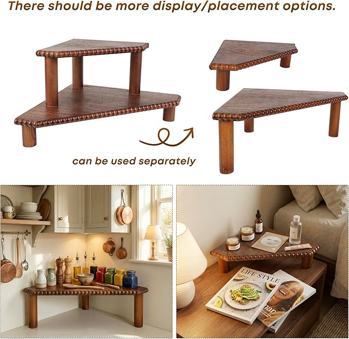 2-Tier Rustic Corner Shelf for Kitchen Counter,Wood Beaded Farmhouse Countertop Organizer with Removable Feet, Stackable Bathroom Vanity & Coffee Bar Decorative Riser Stand(Rustic Walnut)